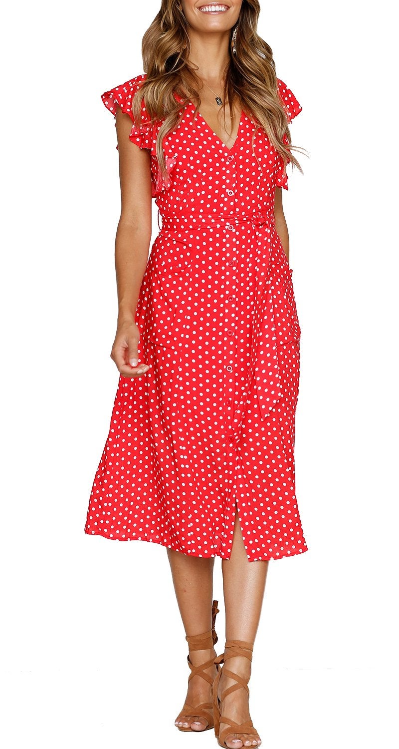 MITILLY Women's Boho Polka Dot Flutter Short Sleeve V Neck Button Down Swing Midi Dress with Pockets Small Red - Image 2